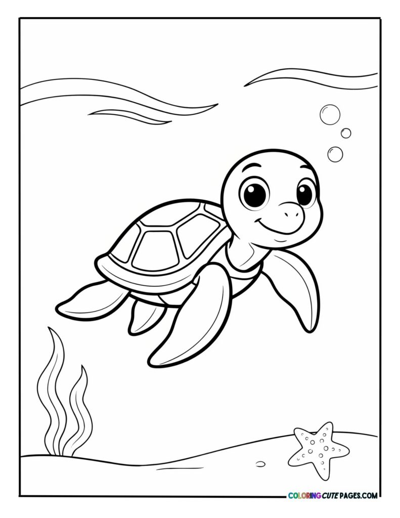Friendly cartoon sea turtle swimming peacefully through the water coloring page