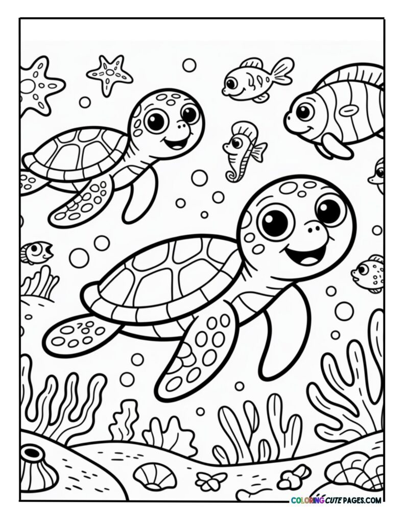 Happy sea turtles swimming with fish underwater