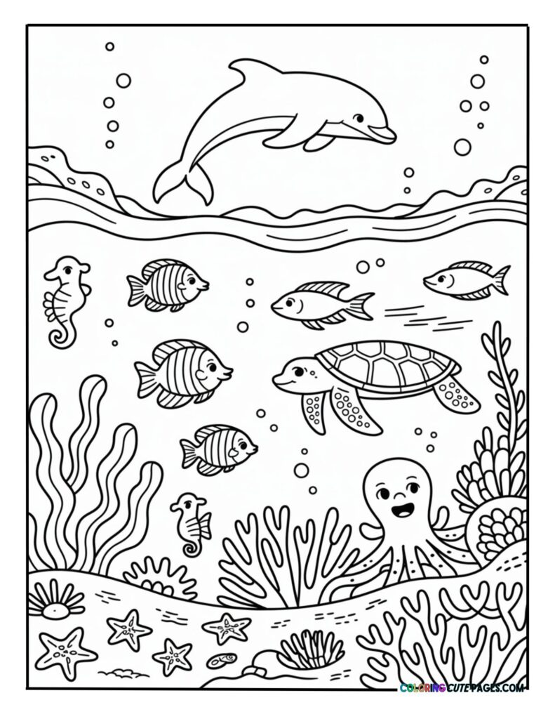 Active underwater scene coloring page with a dolphin, sea turtle, octopus, seahorses, and fish