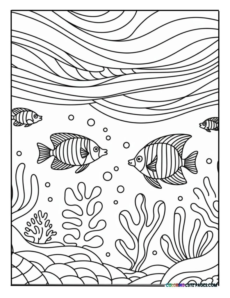 Tropical fish swimming among coral and sea plants