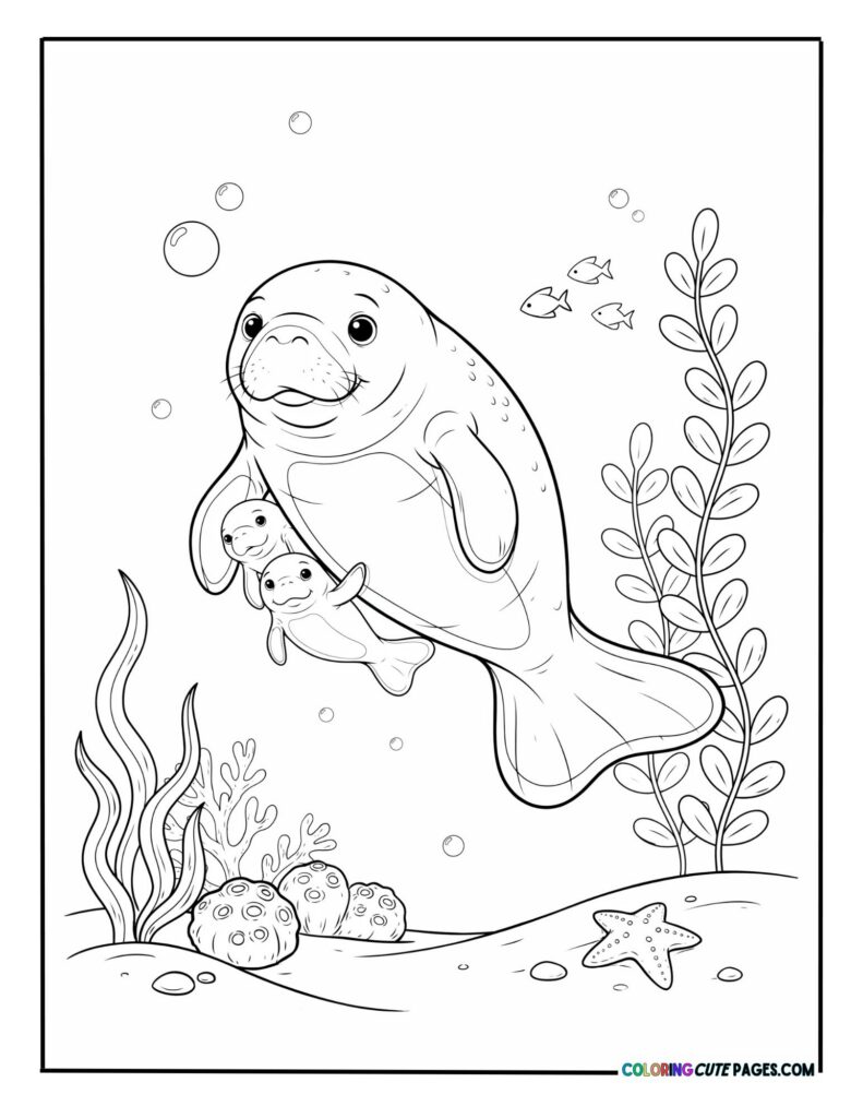 Cute mother manatee swimming underwater with her baby calf coloring page for kids