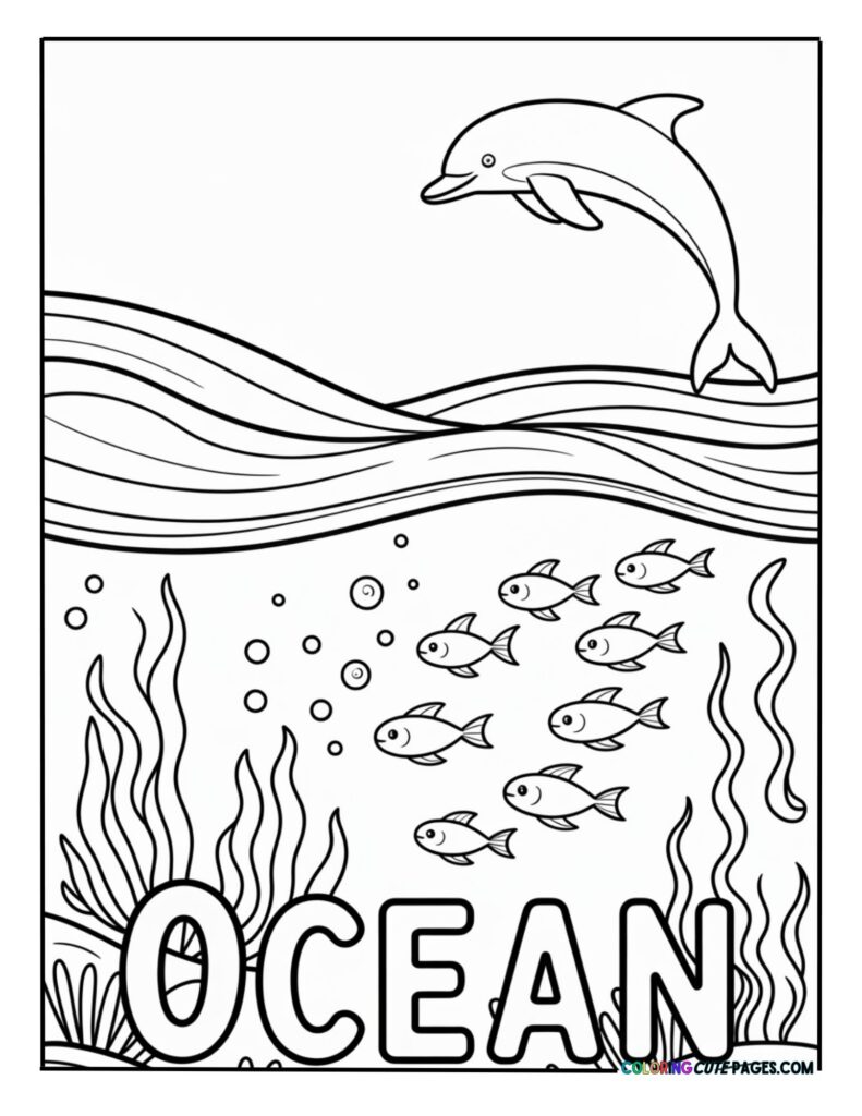 Dolphin swimming above a school of fish in the ocean
