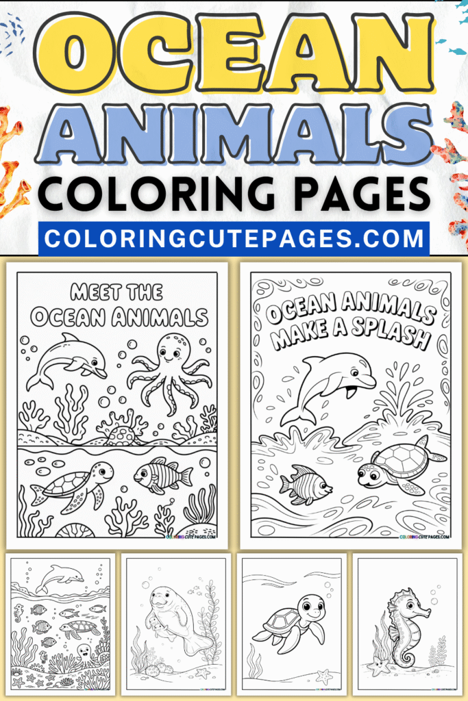 Title image of Ocean Animals Coloring Pages for Kids.