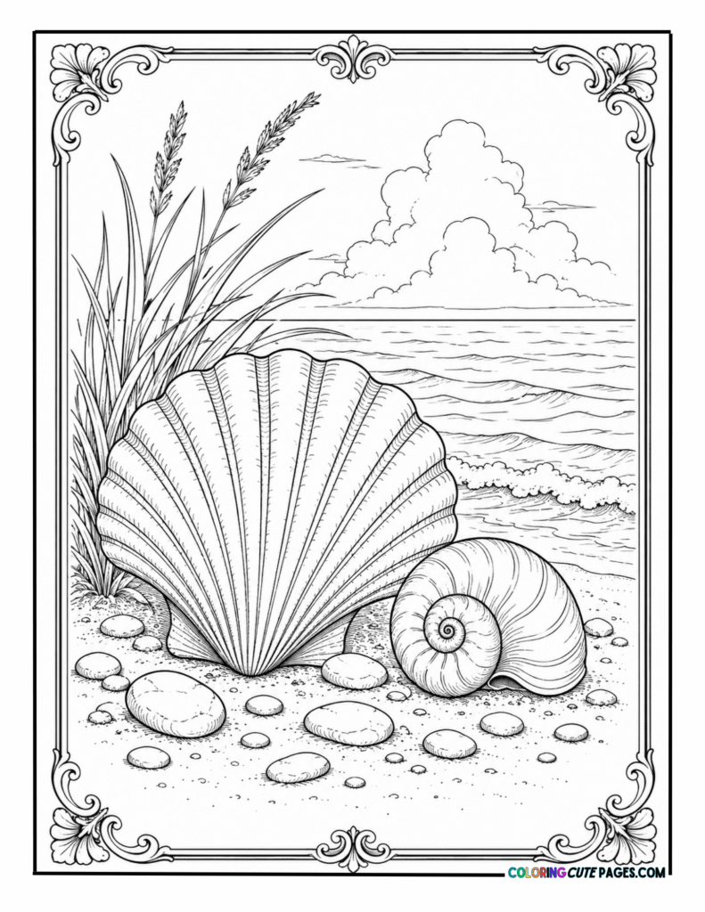 Large seashell on a beach with ocean waves in the background