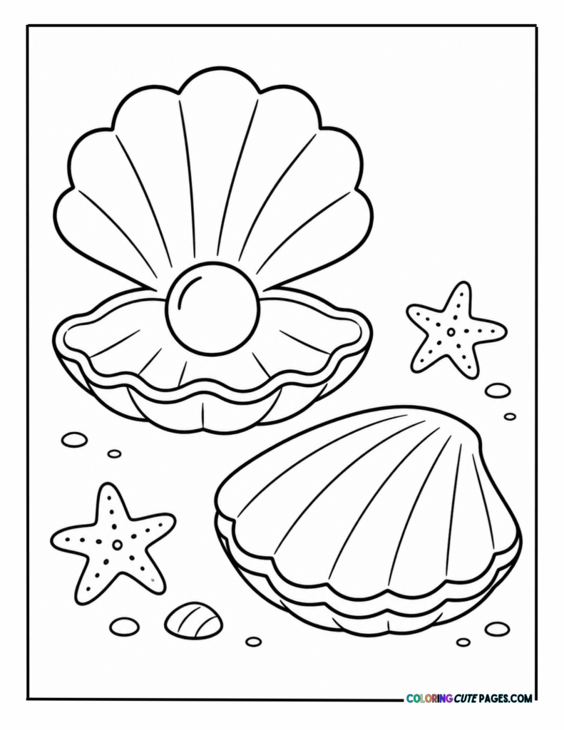 Open seashell with pearls and starfish nearby