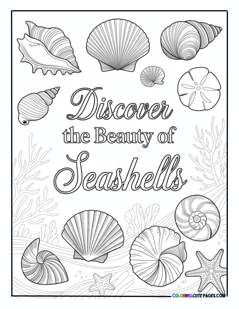 Decorative page with seashells and the words Discover the Beauty of Seashells