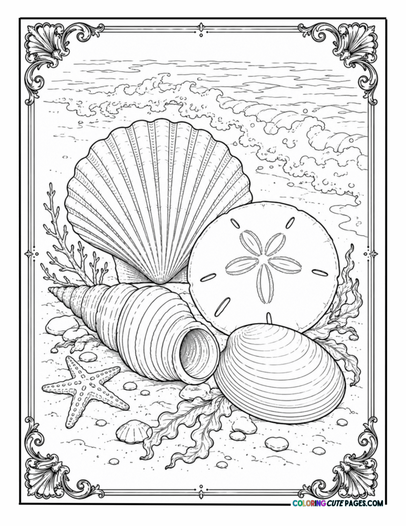Seashells and sand dollar on a beach with ocean waves