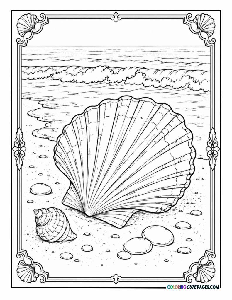 Large scallop shell on a sandy beach