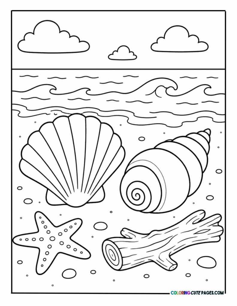 Seashell, starfish, and driftwood on the beach