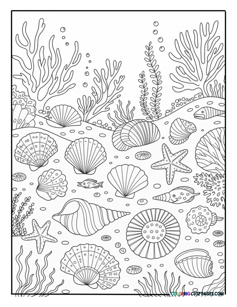 Seashells scattered across an underwater ocean floor
