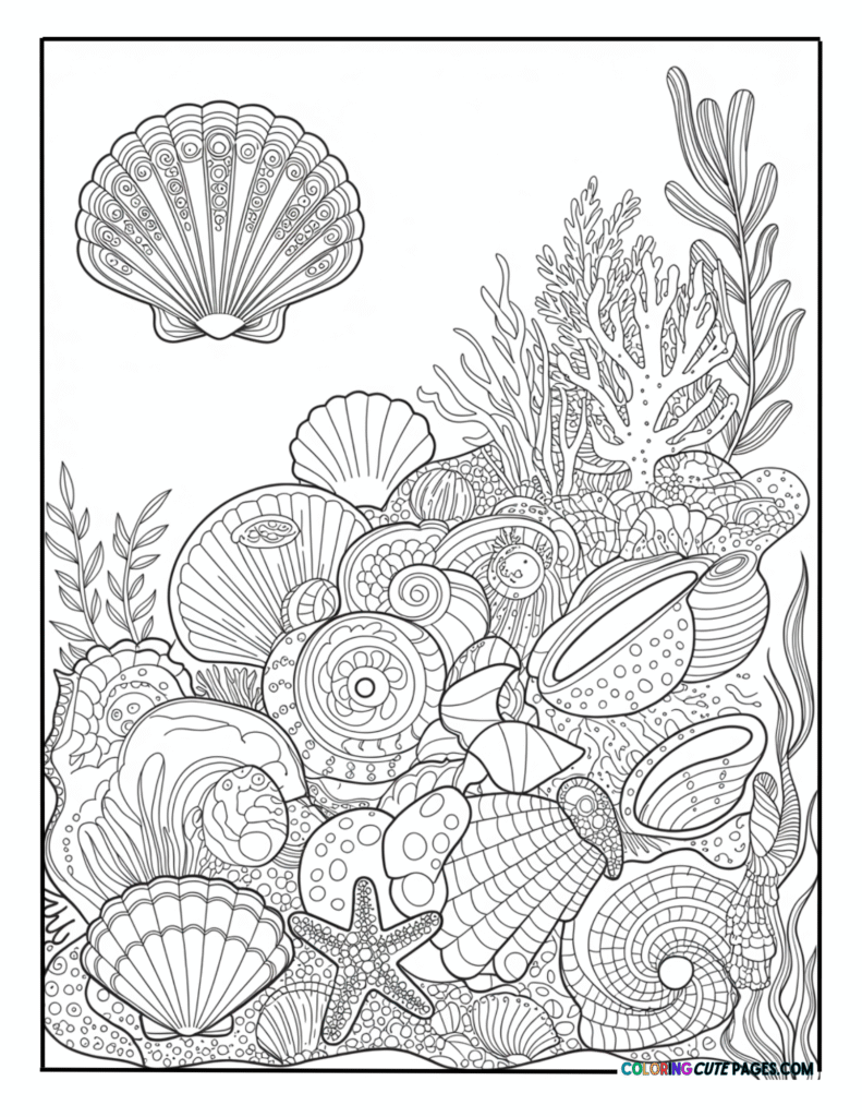 Detailed collection of seashells and coral reef life
