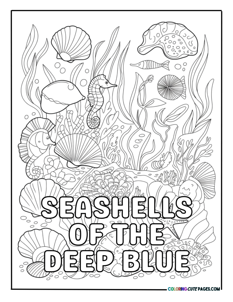 Underwater scene filled with seashells and sea life