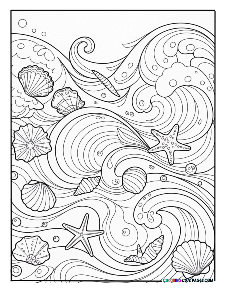 Seashells and starfish surrounded by ocean waves