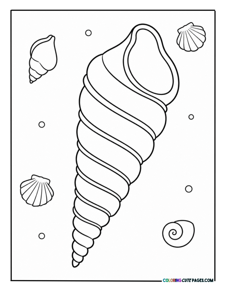 Tall spiral seashell with small shells around it
