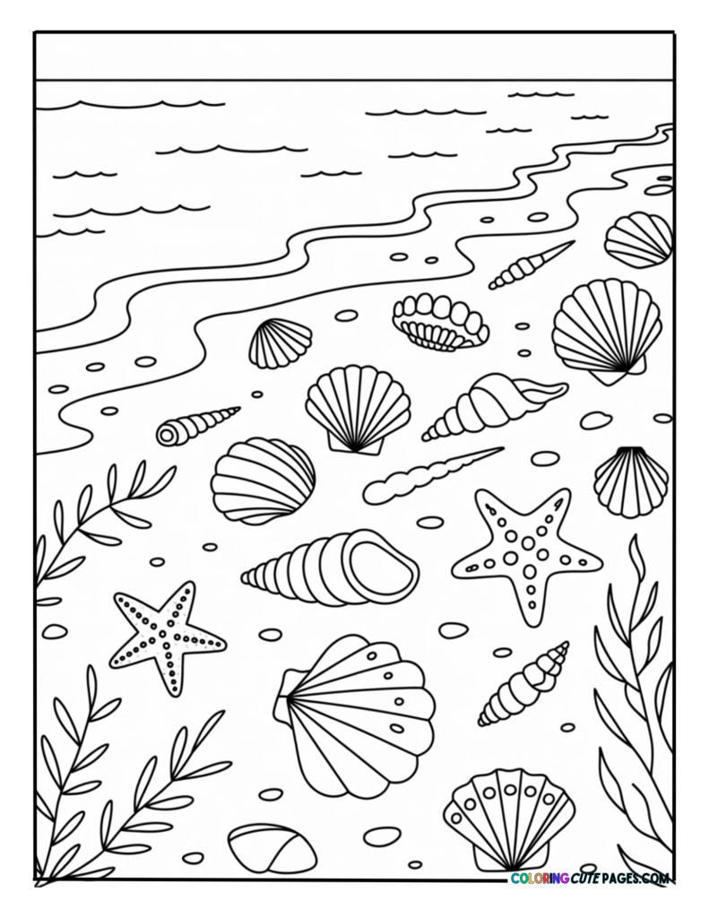 Seashells and starfish scattered across a sandy beach