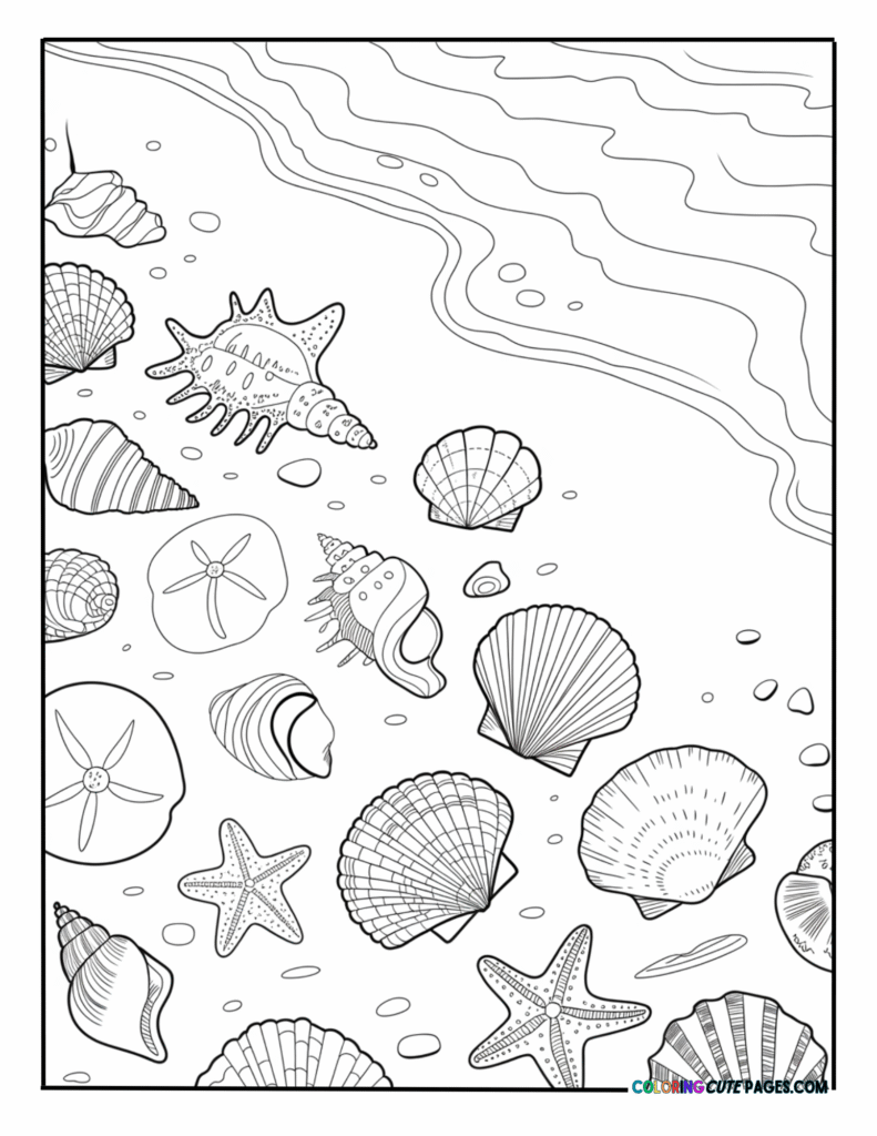 Seashells and starfish along the shoreline