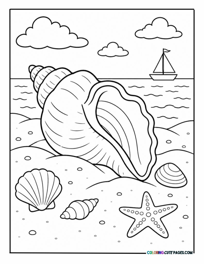 Large seashell resting on a sandy beach
