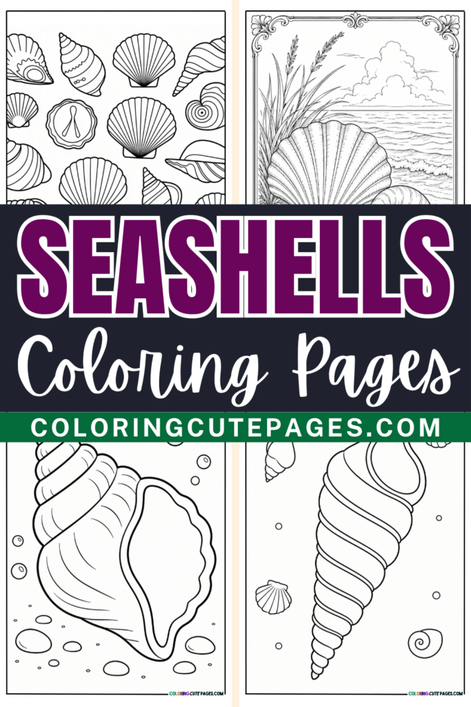 over image featuring seashell coloring pages with various shell designs and the title Seashells Coloring Pages